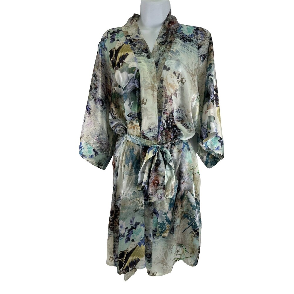 Christine Lingerie Silk Robe Enchanted Peacock Floral Lightweight Kimono Short